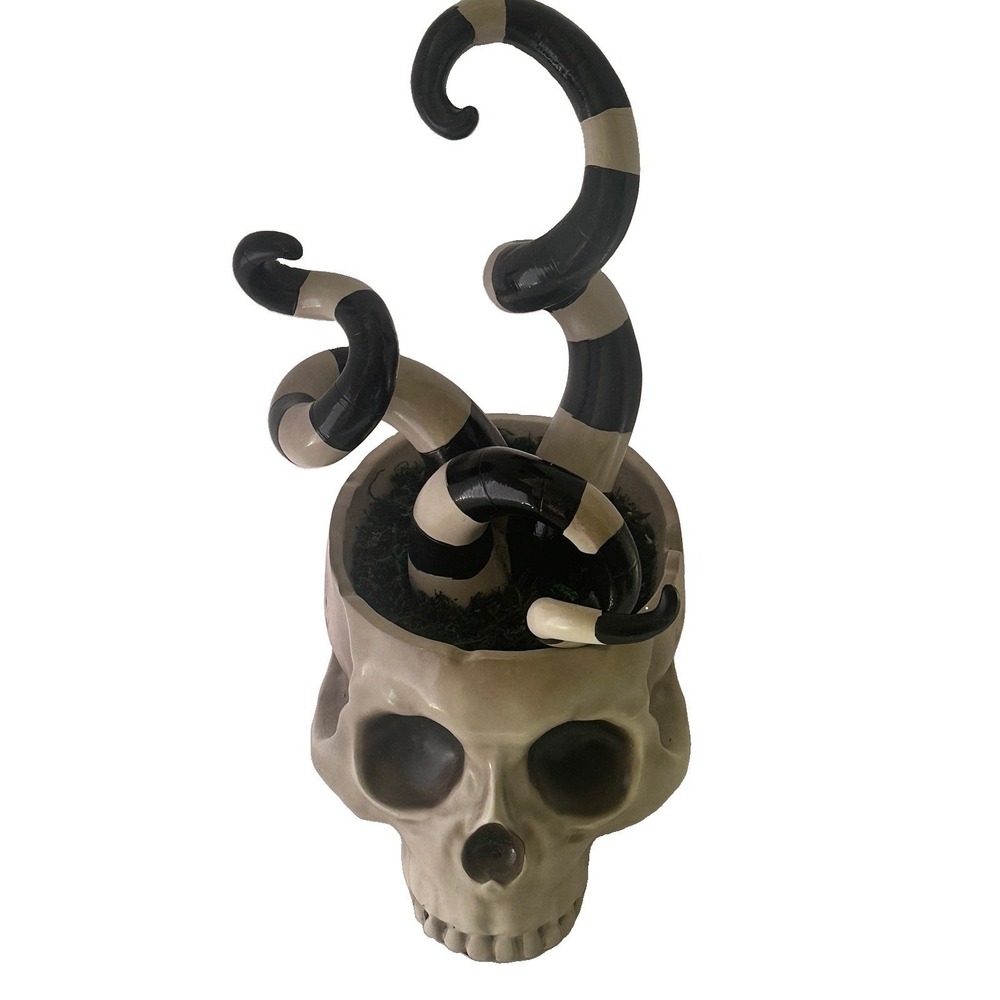 Hallows' Eve Skull Planter Black White Twisted Branches Gothic Halloween Decor